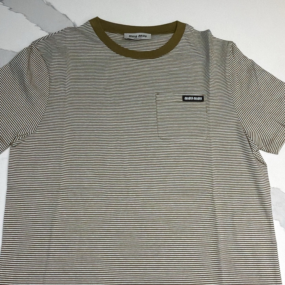 Miu Miu Olive Green Stripe Pocket T-Shirt